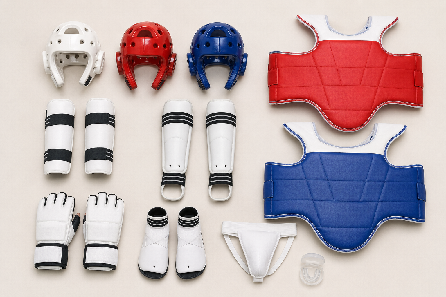 Conjunto ilustrativo de equipamentos de proteção usados no Taekwondo de competição