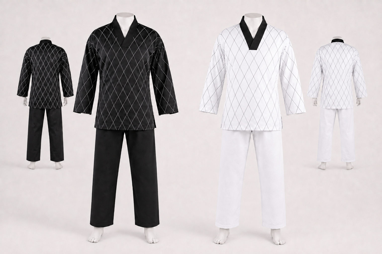 Doboks de mestre preto e branco com padrão losango e gola V preta fechada, mostrados de frente e de costas