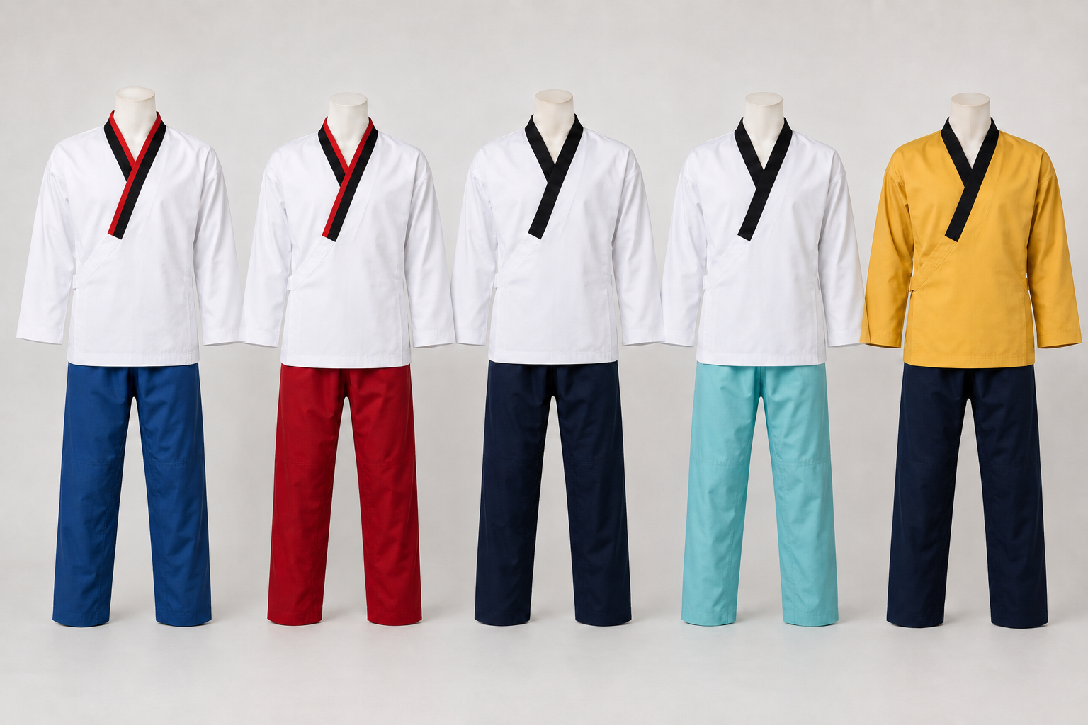 Cinco doboks oficiais de Poomsae: os dois modelos Cadete com gola vermelha e preta e os demais com gola preta